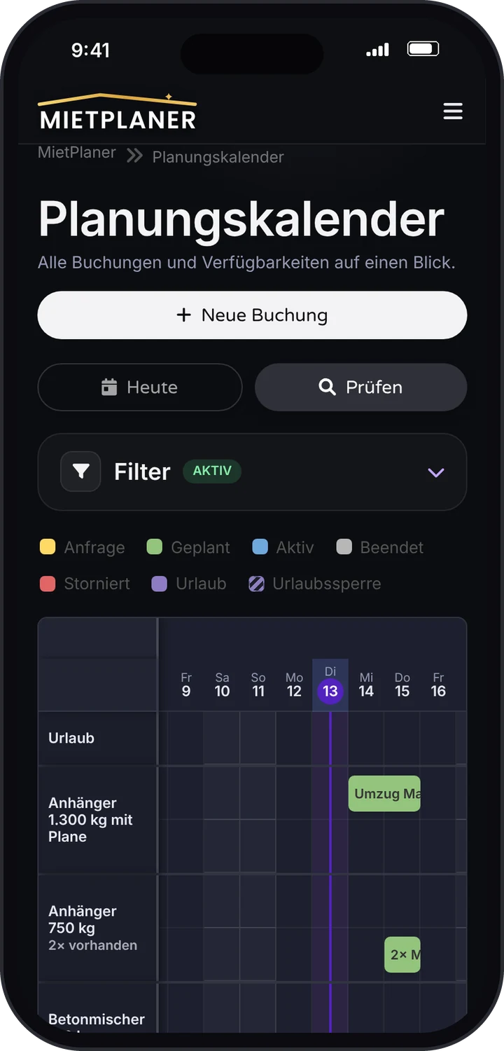Der Planungskalender von MietPlaner im Hochformat auf dem Handy