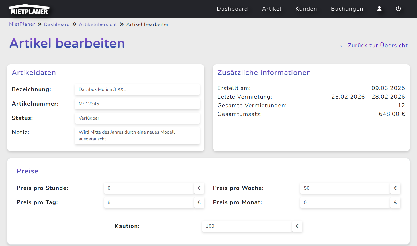 Übersicht der Artikelverwaltung in MietPlaner