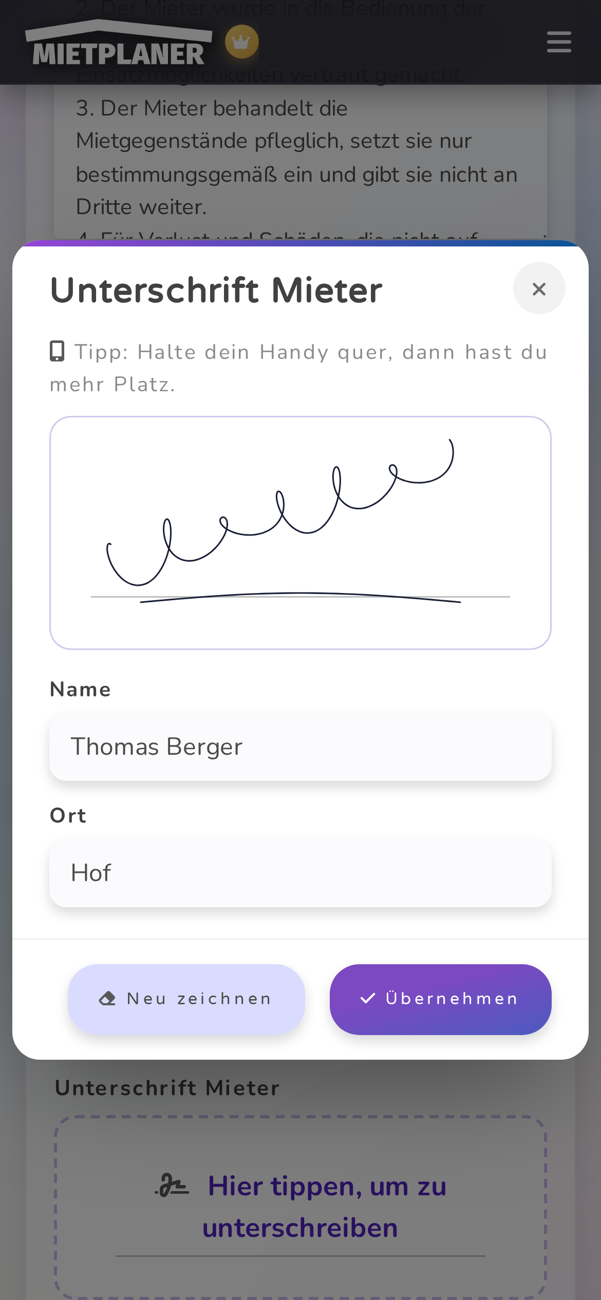 Unterschrift des Mieters auf dem Handy im Mietvertrag von MietPlaner