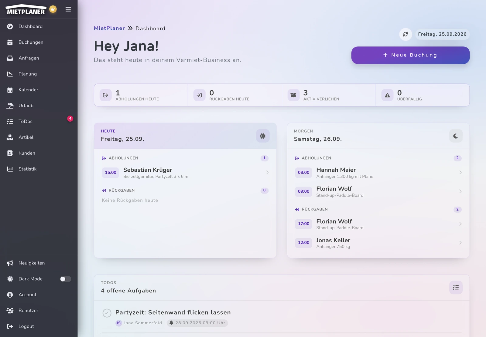 Das Dashboard von MietPlaner mit den Terminen des Tages