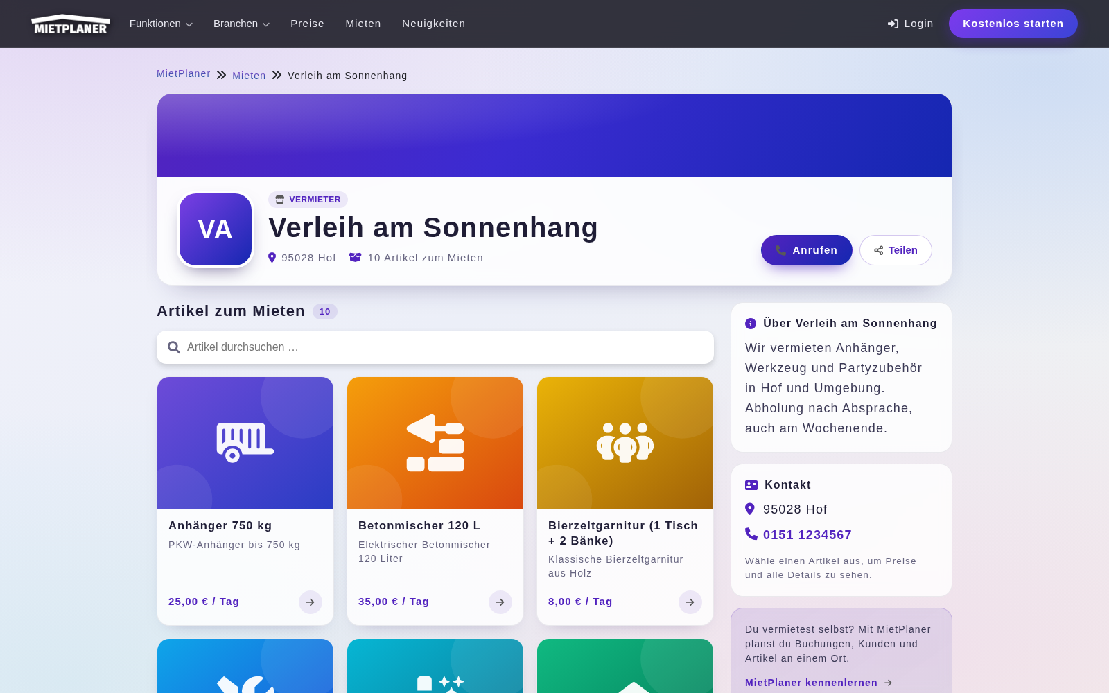 Öffentliches Vermieter-Profil mit Mietartikeln in MietPlaner